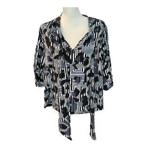 Ann Louise Roswald Womens Top Blouse Black Gray Printed Silk Tie Short Sleeve 8